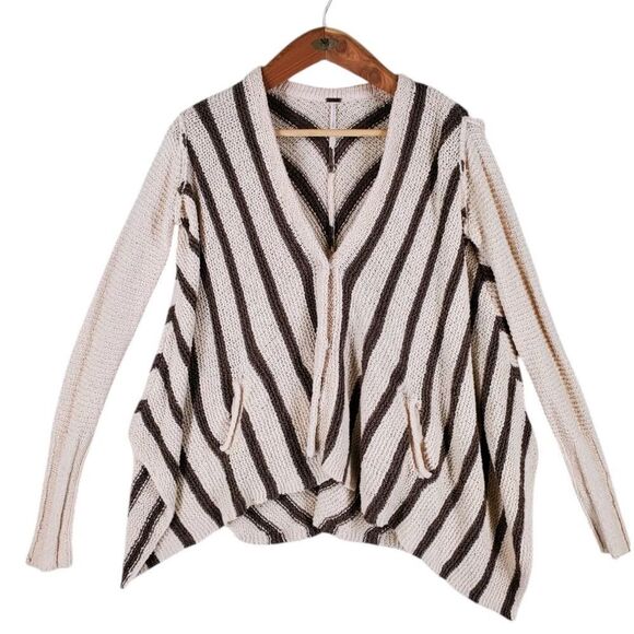 Free People Knit Cardigan Sweater sz S Beige Brown Striped Oversize V-Neck - Picture 12 of 13